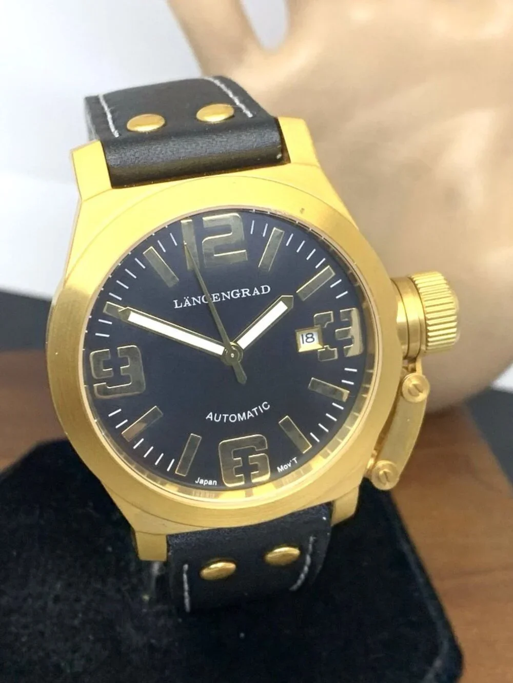 Längengrad Men's Watch 121 Automatic Gold Black Dial Date Leather Strap 44mm